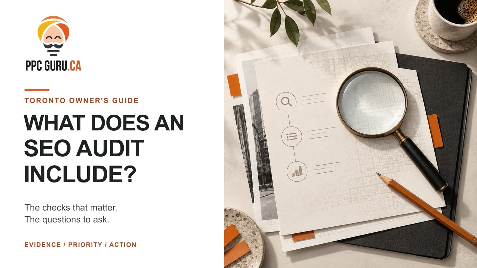 PPC Guru SEO audit guide with the approved logo beside illustrated audit papers and a magnifying glass.