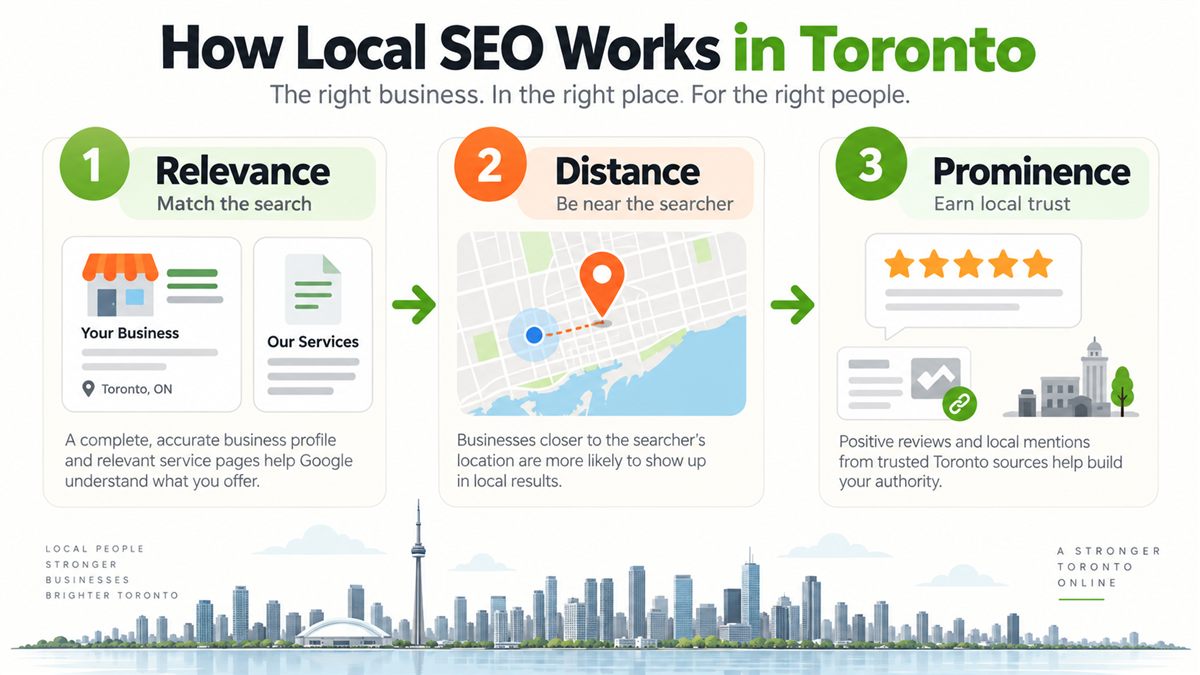 Diagram explaining relevance, distance and prominence as Toronto local SEO ranking factors.