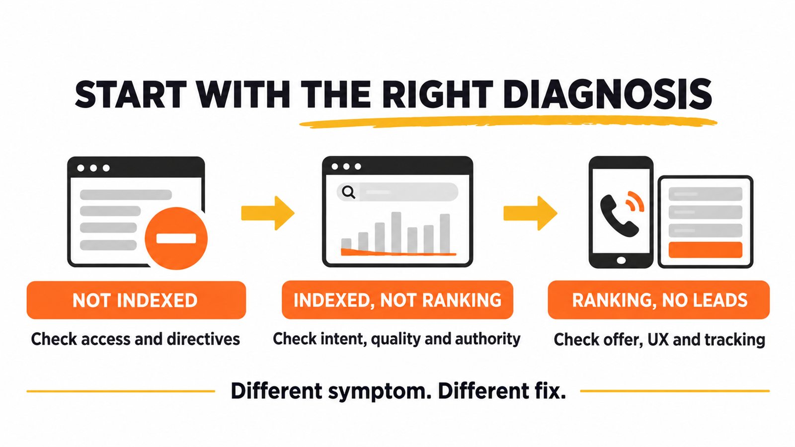 Three-path WordPress SEO diagnosis: not indexed, indexed but not ranking, or ranking without leads
